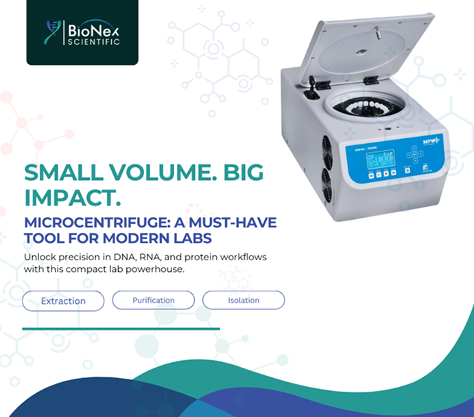 Promotional banner showing a laboratory microcentrifuge with open lid, branded BioNex Scientific, featuring the text “Small Volume. Big Impact. Microcentrifuge: A Must-Have Tool for Modern Labs” with mentions of DNA, RNA, and protein workflows.
