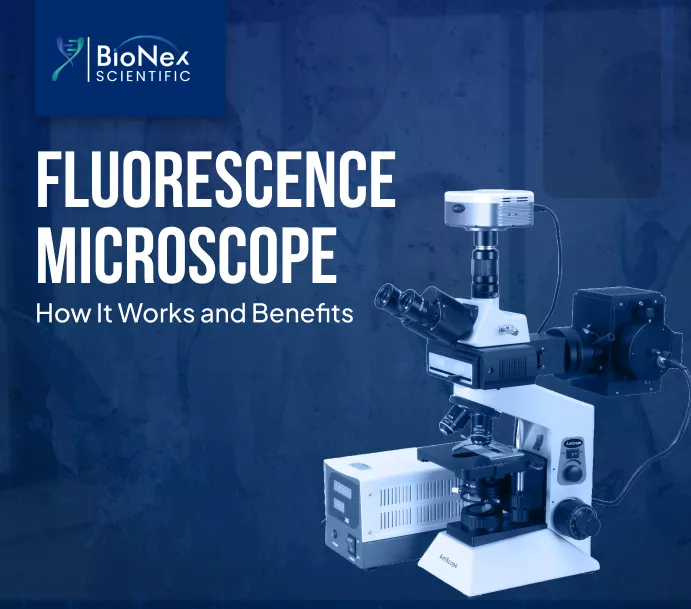 Fluorescence microscope promotional banner with BioNex Scientific logo, featuring a laboratory fluorescence microscope setup and the text “Fluorescence Microscope – How It Works and Benefits” on a blue background