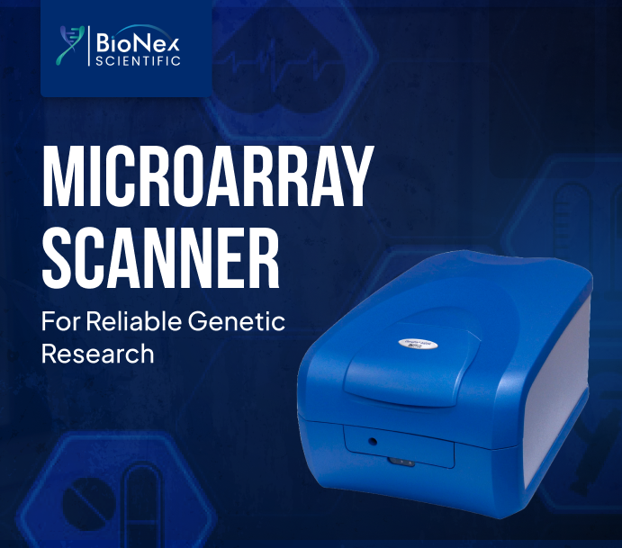 Promotional banner featuring a blue microarray scanner with the BioNex Scientific logo and the text “Microarray Scanner – For Reliable Genetic Research” on a dark blue scientific-themed background.